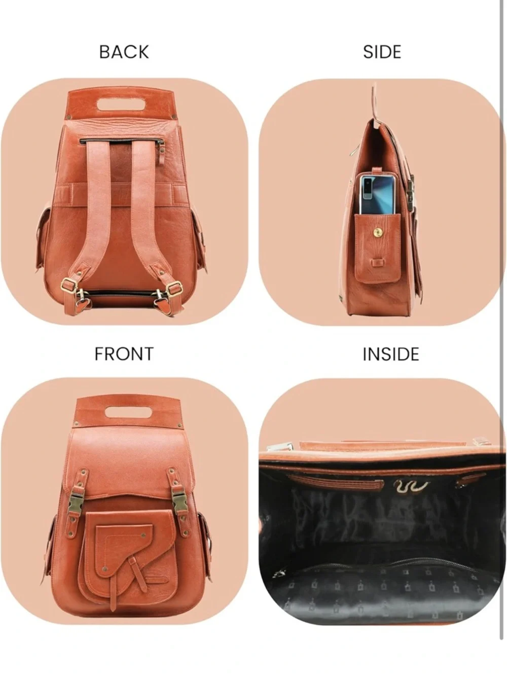 Handmade World Leather Tan Leather Backpack with Front Pocket